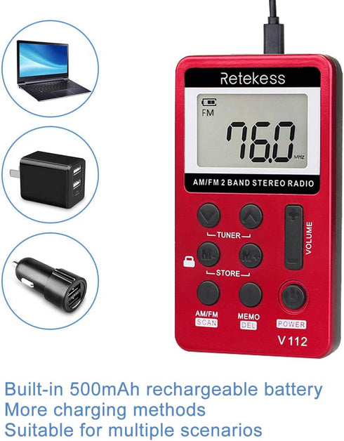 Retekess V112 AM FM Portable Pocket Radio, Digital Tuning Stereo, Rechargeable Battery, with Headphones, for Walking