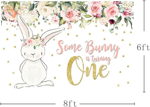 MEHOFOTO 8x6ft Bunny Girl One Birthday Party Backdrop - Spring Pink Floral Glitter Gold Rabbit Photography Background