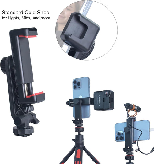 Phone Tripod Mount with Remote Controller, Universal Smartphone Adapter with Cold Shoe, 360° Rotating Clip Holder