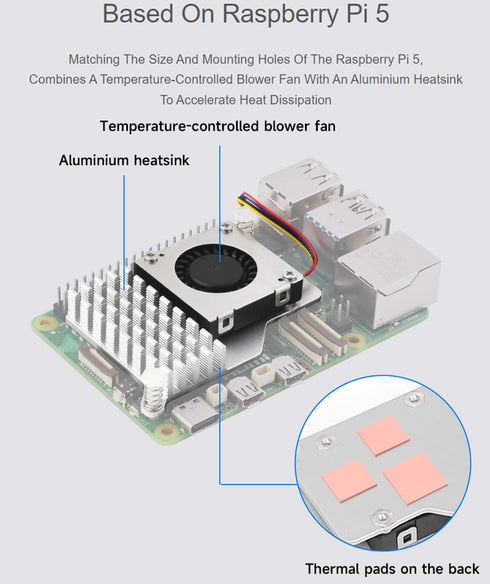 Active Cooler for Raspberry Pi 5 - Active Cooling Fan Aluminium Heatsink with Thermal Pads for Raspberry Pi 5