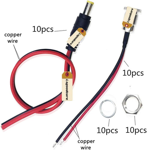 Lsgoodcare 20Pcs 5.5 x 2.1 MM DC Power Jack Socket Adapter with Cable & 5.5mm x 2.1mm Male Pigtail