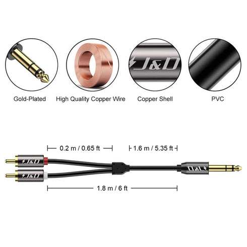 J&D 1/4 inch TRS to Dual RCA Audio Cable, Gold Plated Copper Shell Heavy Duty 6.35mm Male TRS to 2 RCA Male