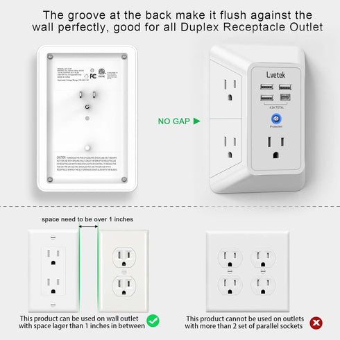 5-Outlet Wall Charger Surge Protector with 4 USB Ports - 1680J Multi Plug for Home, Office, Travel