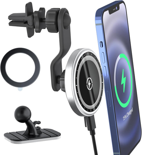Magnetic Wireless Car Charger with Extended Arm, Phone Holder, Car Air Vent Mount, 15W Fast Charging