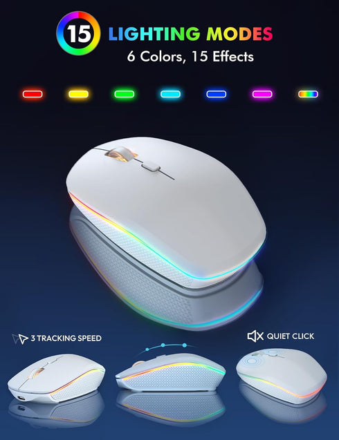 Wireless Keyboard and Mouse - RGB Backlit, Rechargeable & Light Up Letters, Full-Size, Ergonomic Tilt Angle, White