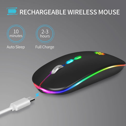 KBCASE LED Wireless Mouse, Slim Silent 2.4G Rechargeable for Laptop, MacBook, iPad, Chromebook, USB & Type-C Receiver