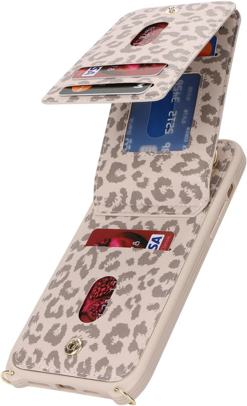 iPhone 13 Pro Max Case Wallet with Card Holder for Women, Crossbody with Strap, Kickstand Zipper Case - Rice Leopard