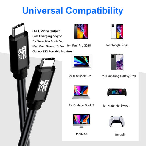USB C to USB C Cable 40FT, 100W 4K60HZ USB3.2 GEN2x2 Fast Charging & Sync for Xreal MacBook Pro, iPhone 15