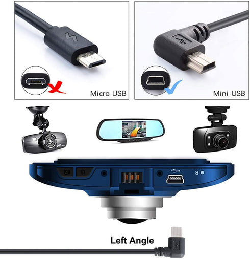 PASOW Mini USB Charging Cable 11.5FT, USB 2.0 A-Male to Mini-B Car Charger Adapter for Dash Cam, Left Angle