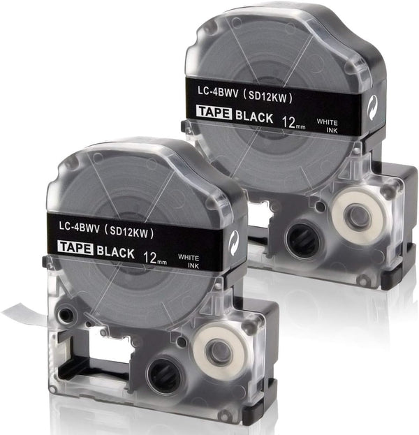 Absonic 2-Pack Compatible Label Tape for LK-4BWV LC-4BWV9 12mm 0.47" White on Black for Epson LabelWorks