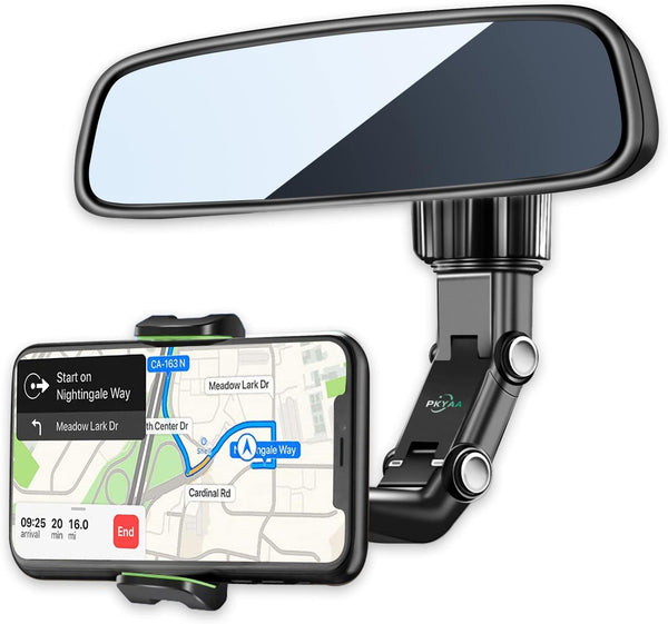 PKYAA 360° Rotating Rearview Mirror Phone Mount Holder for Car, Universal GPS Holder for All Smartphones