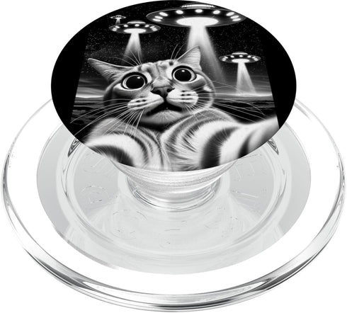 Cat UFO Selfie PopSockets PopGrip for MagSafe, Funny Invasion Meme Retro Alien