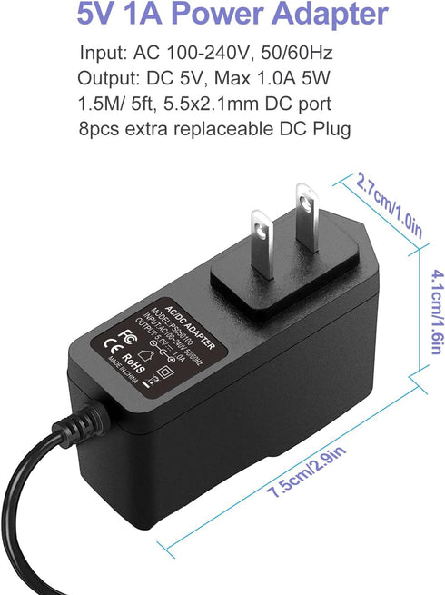 iCreatin 5V 1A 5W 100V-240V 5 1Amp 0.5A Power Supply Adapter AC/DC Charger AC to DC Volt Replacement Power Cord USB