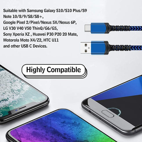 Nylon Braided USB Type C Cable 5-Pack (3/3/6/6/10FT) Fast Charger for Samsung Galaxy S9, LG V30, Google Pixel & More.