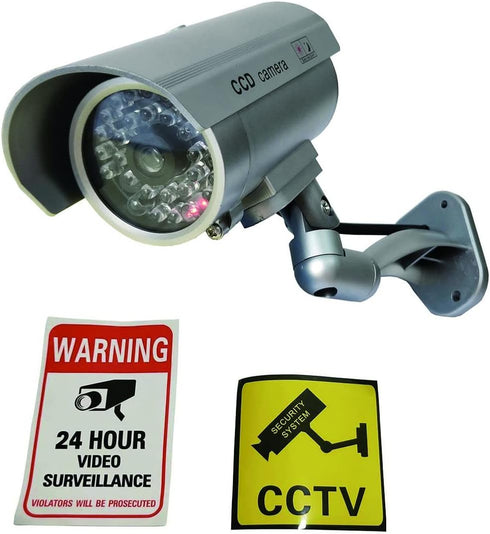 Dummy Security Camera Bullet Fake Indoor Outdoor CCTV Surveillance System with Realistic Simulated LEDs Flashing Lights and Warning Sticker Decals (4 Pack)