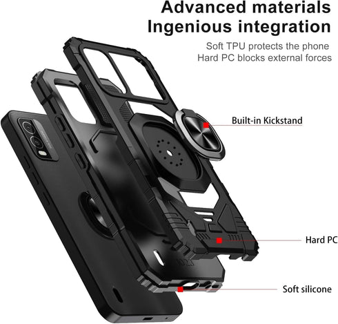 TJS Nokia C210 Case with Tempered Glass Screen Protector, Heavy Duty Drop Protection (Black)