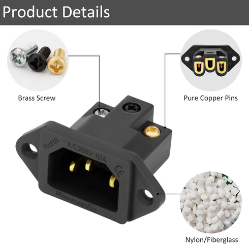 Monosaudio Gold Plated AC Power Socket, 250V 10A IEC 320 C14 Panel Mount Plug Adapter, Black