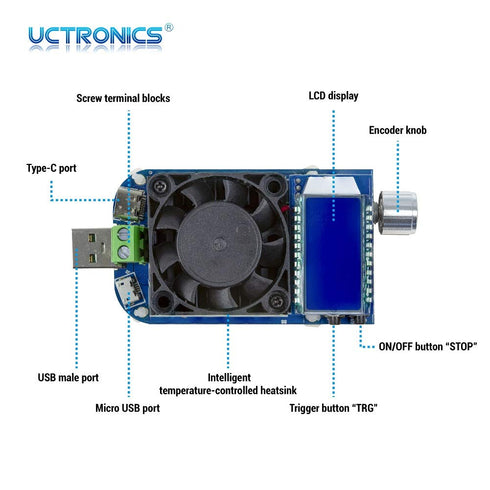 UCTRONICS Electronic USB Load Tester, Adjustable Discharge Resistor Module 35W, Test and Trigger QC2.0 QC3.0 AFC 9V FCP, Intelligent Temperature Control with Cooling Fan