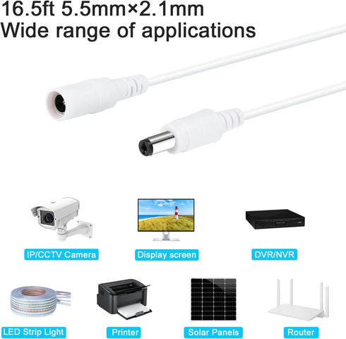 Power Extension Cable 16.5ft, 2.1mm x 5.5mm Plug for 12V DC Adapter Cord, CCTV Security Camera, IP Camera