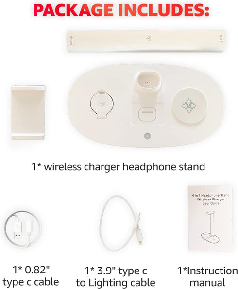 Headphone Stand with 4 in 1 Wireless Charger - Headset Holder & Station Dock for Apple Watch, AirPods Max/Pro/2/iPhone
