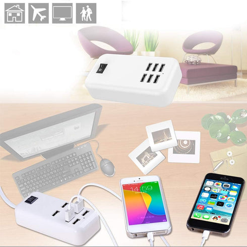 6 Ports USB Charger Hub - Desktop US Plug AC Power Wall Travel Charging Adapter Slots Charging Station
