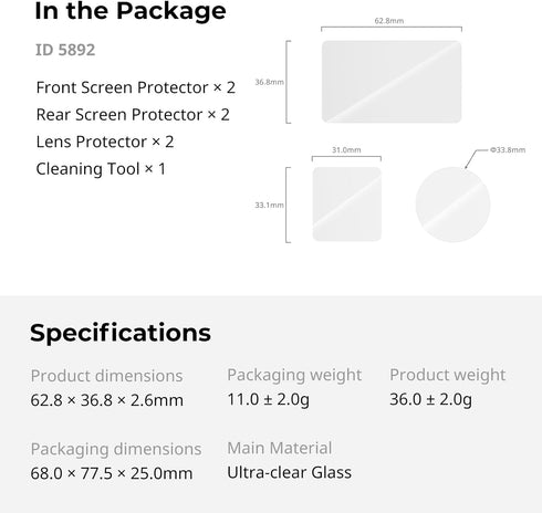 SMALLRIG 6, 5892 Screen Protector Kit, Tempered Glass Screen Protector for DJI Osmo Action Ultra-Thin and Durable
