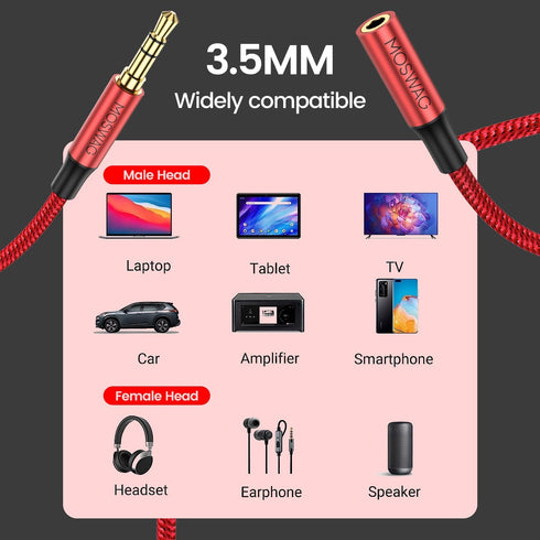 MOSWAG 3.28FT/1Meter 3.5mm Extension Cable Audio Male to Female Stereo Extension Adapter Nylon Braided Cord Compatible for Home/Car Stereos Smartphones Headphones Tablets Media Players and More by MOSWAG