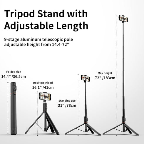 Joyful Energy 72 Inch Joyful Tripod Stand and Selfie Stick Expandable Phone Tripod Stand with Remote Control and Cool