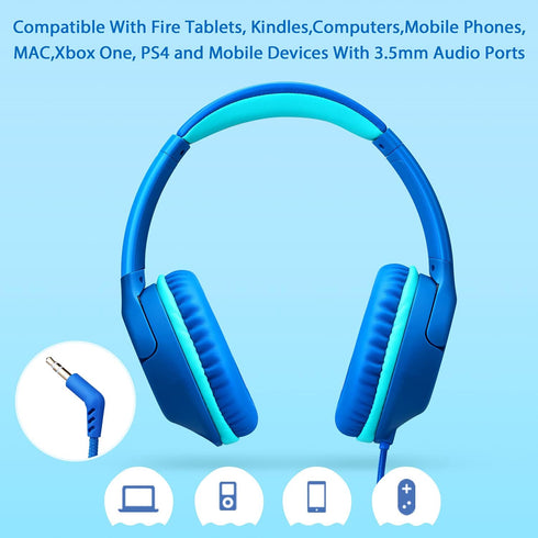 POWMEE P20 Kids Headphones for School, 94dB Volume Limited, 3.5mm Jack Wired Over-Ear for Fire Tablets/Travel/PC - Blue