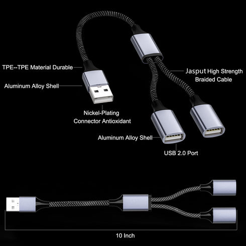 USB Y Splitter Cable: 1 Male to 2 Female USB Extension for Charger & Data Transfer - Compatible with Car, Laptop, TV,
