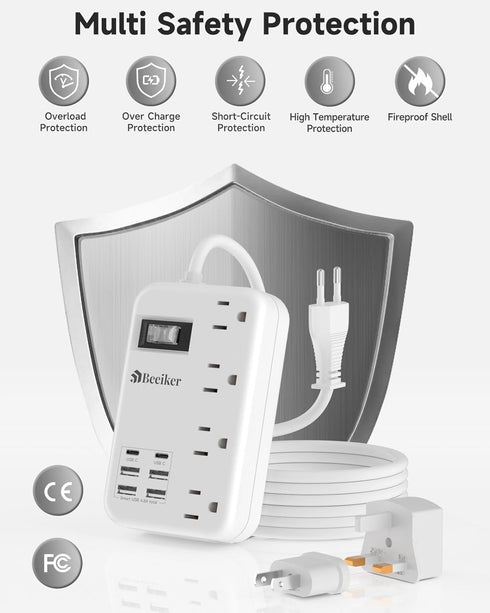 European Travel Plug Adapter, US to Europe Travel Power Strip with 6 USB (2 USB C) 4 Outlets, 3ft Extension Cord
