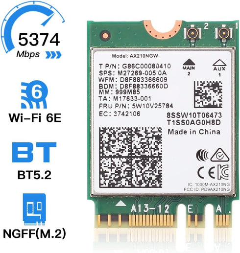 Wi-Fi 6E AX210NGW Wireless WiFi Card, BT5.2 M.2 2230 Tri-Band Expands WiFi to 6GHz for PC Laptops