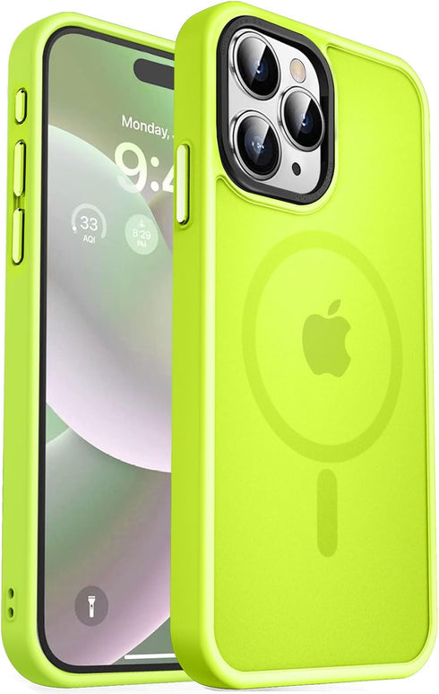 MOCCA Strong Magnetic iPhone 15 Pro Max Case, Fluorescent Green Slim Shockproof, 13FT Military Drop Protection