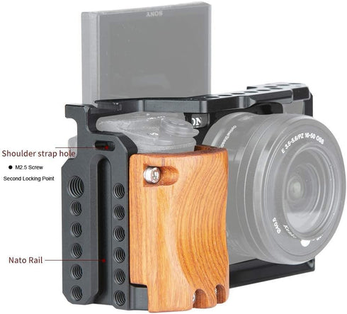 NICRYRIG Cage Kit for Sony A6400 A6500 Mirrorless Camera with Wooden Handle Grip