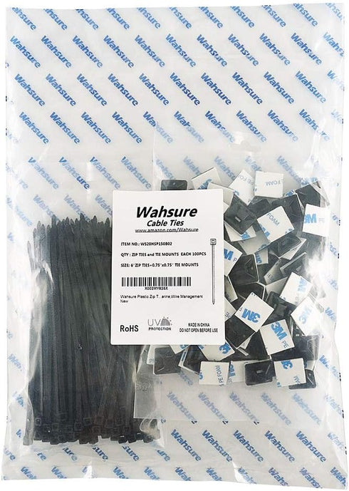 Strong Self Adhesive Wire Clips, Cable Zip Tie Mounts 3/4" with 6 Inch Zipties, Black UV Protection Outdoor, 100 Pcs