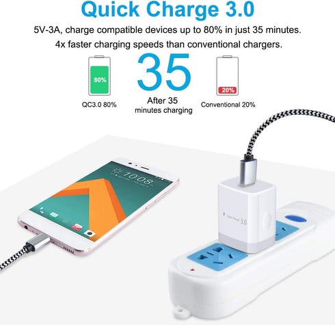 Quick Charge 3.0 Fast Charger Compatible Moto X4, Z4 Z3 Z2 Z Play Force, G8 G7 Power Play, G6, G6 Plus(Not for G6 Play), Motorola One, 18W Rapid Wall Charger with 6Ft USB Type C Charging Cable Cord