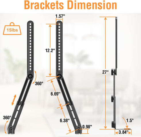 ELIVED Soundbar Mount, TV Bracket for Mounting Above or Under TV, Fits Most Sound Bars Up to 15 lbs