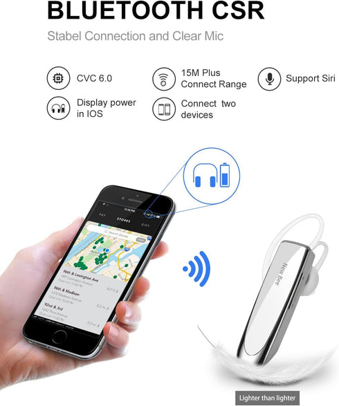 New bee V5.0 Bluetooth Earpiece, Wireless Handsfree Headset, 24 Hrs Driving, Noise Cancelling Mic, White