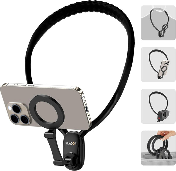 Magnetic Neck Phone Holder for Recording, Adjustable 3-in-1 Mount for iPhone 15/14/13/12 Series & GoPro