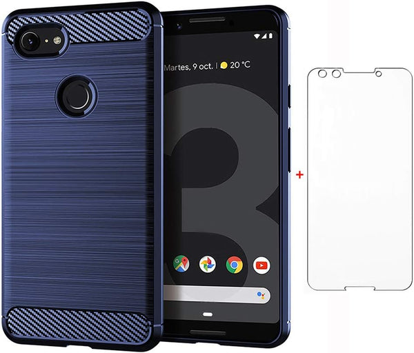 Google Pixel 3 Phone Case with Slim Thin Full Body Silicone Rubber, Navy Blue, Tempered Glass Screen Protector