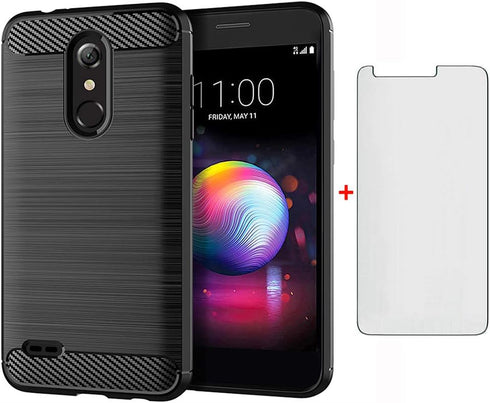 LG K30 2018 Phone Case with Tempered Glass Screen Protector, Slim Thin Silicone TPU Rugged Accessories, Black