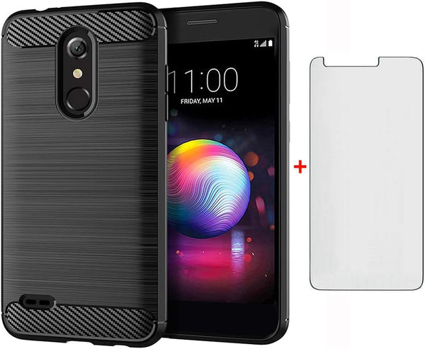 LG K30 2018 Phone Case with Tempered Glass Screen Protector, Slim Thin Silicone TPU Rugged Accessories, Black