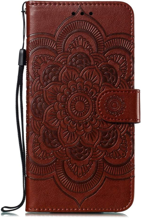 LEECOCO Mandala Brown Case for Galaxy S10e, Luxury PU Leather Flip Wallet with Magnetic Stand & Card Slot