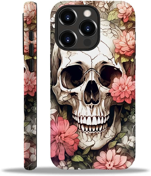 Compatible with iPhone 14 Pro Case, Skull Red Flowers Pattern Print Phone Case Durable Fashion Funny Liquid Silicone Case Soft Anti-Scratch Shockproof Protective Cover