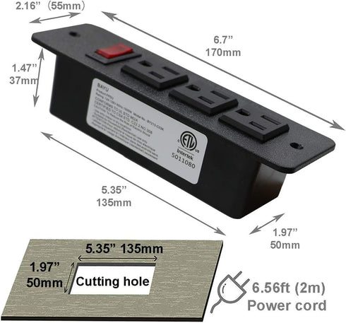 Recessed Power Strip, Countertop Grommet Desk Mountable Power Strip, Black Outlets for Cabinet Sofa Shelf, UL/ETL