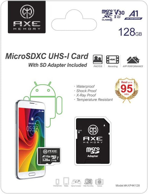 AXE MEMORY 128GB Micro SD Card, 4K Ultra Full HD Video, High Speed MicroSDXC with SD Adapter