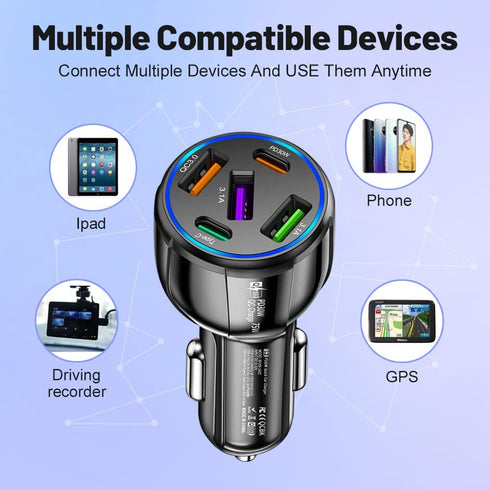 75W Ultra-Fast Car Charger, 30W/QC3.0/Type C 5-Port Smart Shunt Car Adapter Compatible with iPhone 14 Pro MAX/13