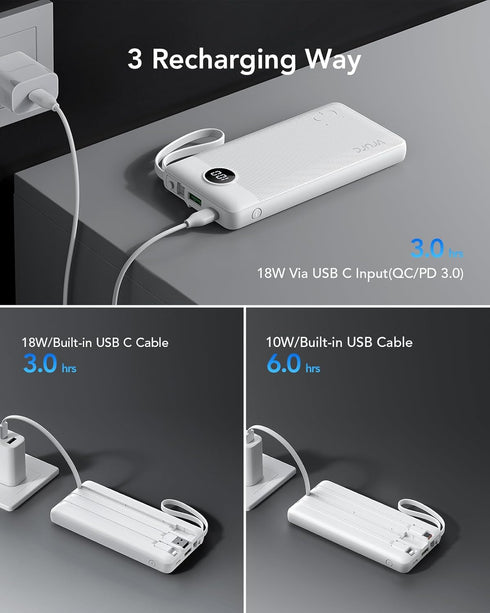 VRURC Portable Charger Fast Charging, 22.5W 10000mAh Power Bank, USB C Built-in Cable, LED Display Slim Charging Bank,