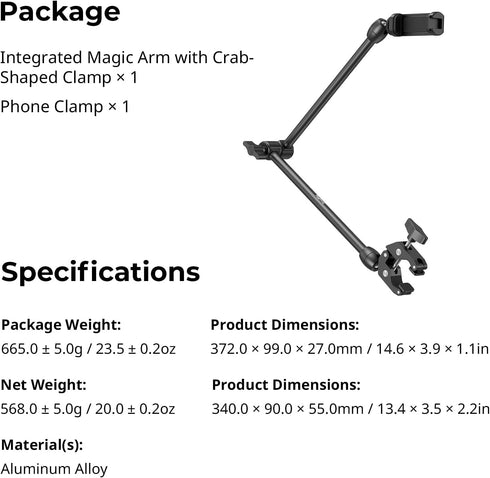SMALLRIG 24.3x4.5x1.1 0.6lb 5624 Desktop Magic Arm Support with Crab-Shaped Clamp Kit, Aluminum Alloy, in, Payload
