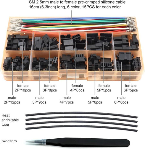 SM 2.5mm Connectors Male Female Plugs Sockets with 22AWG Pre-Crimped Silicone Cables Wire Compatible with JST SM Connectors 2.5mm 2.54mm Pitch 2 3 4 5 6 Pin Housing Kit